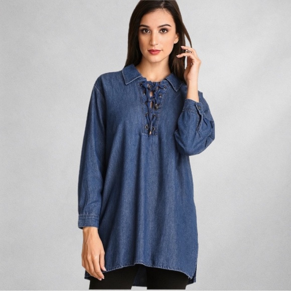 Lane Bryant Tops - Lane Bryant Women’s Plus Size Denim Tunic Shirt 18/20 Lace-Up Long Sleeve Blue